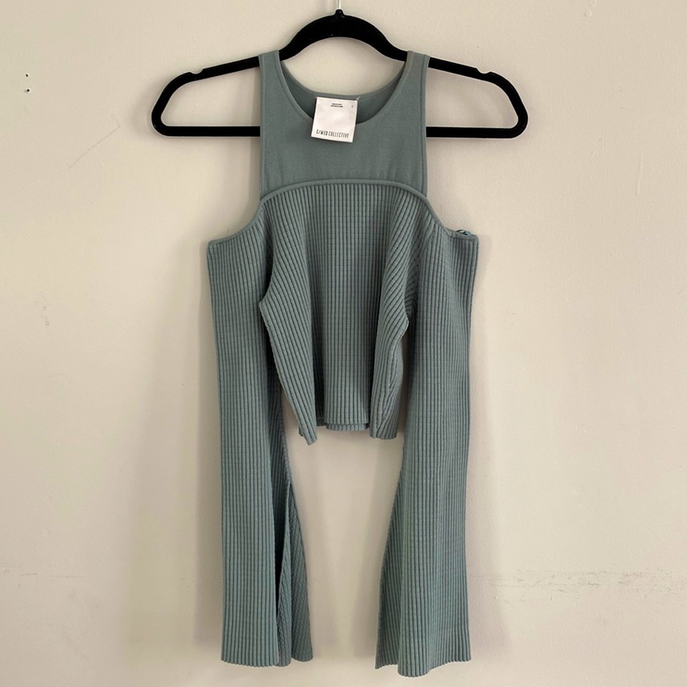 Bell sleeve teal waffle knit textured top with shoulder cutouts